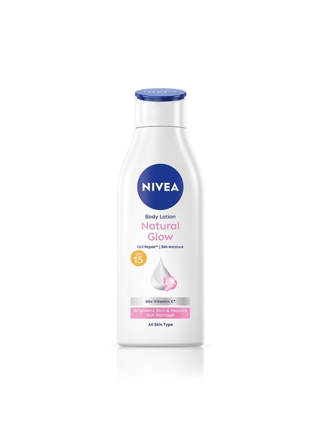 NIVEA Natural Glow Cell Repair 200ml Body Lotion | SPF 15 & 50 X Vitamin C for Summer Protection |With Camu Camu & Acerola Cherry Extracts | Gives Even Toned & Smooth Skin |For All Skin Types (Packagi